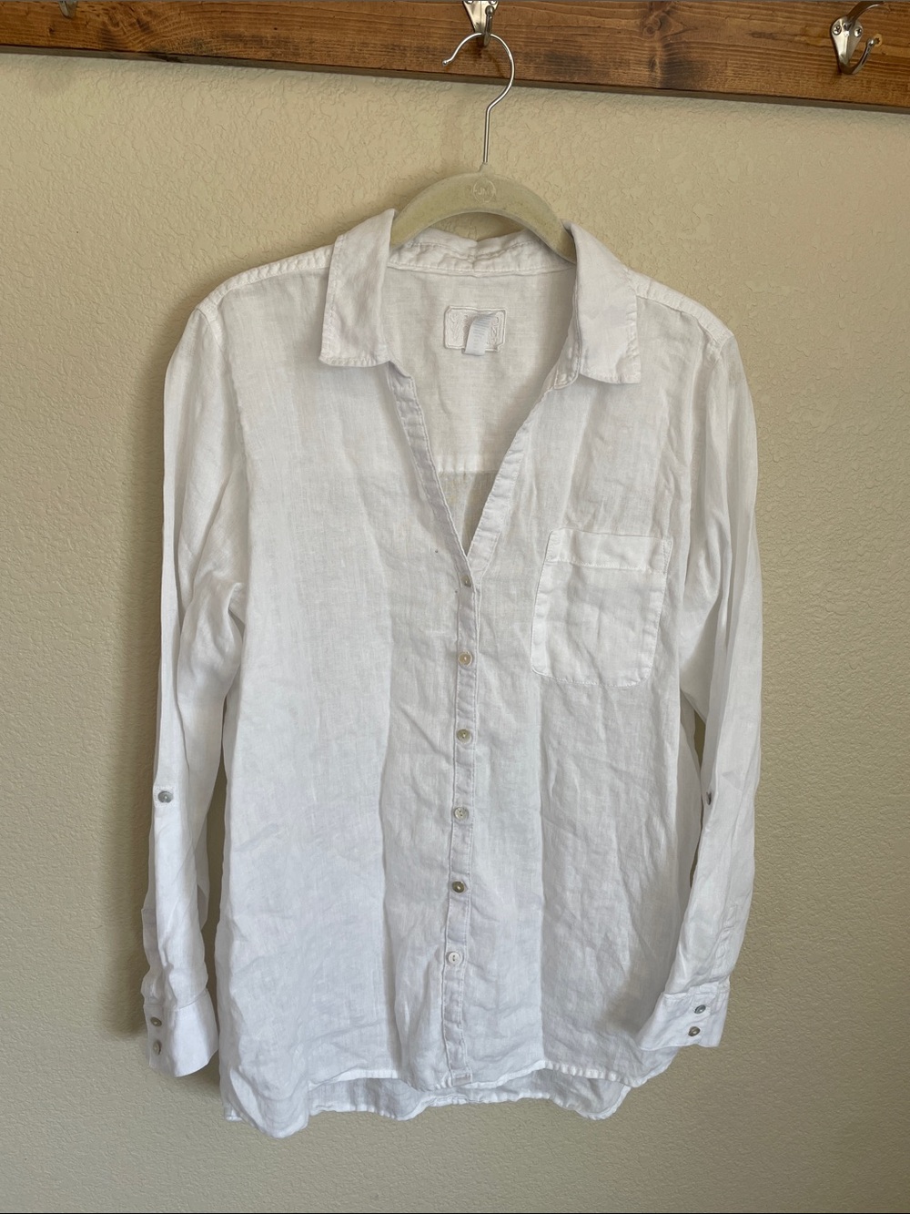 Sigrid Olsen 100% Linen White Button-Front Blouse Top L Roll Tab Sleeve Natural